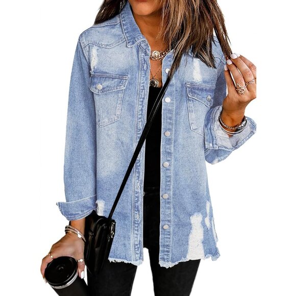 Women's Oversized Denim Jacket Casual Long Sleeve Distressed Blue Jean - Picture 1 of 7